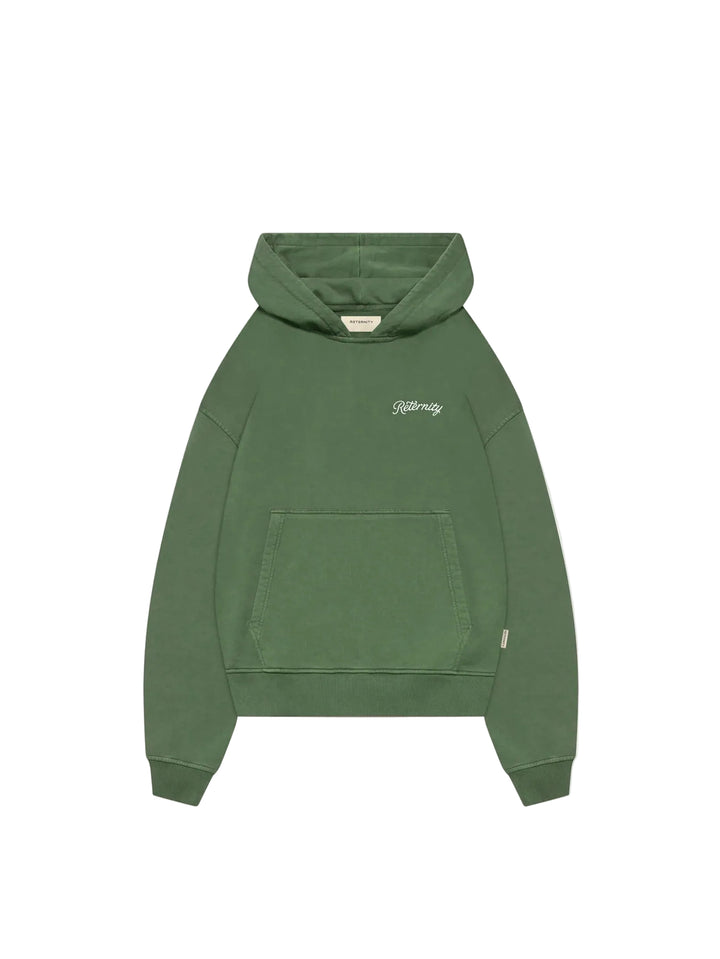 sudadera Designed to Create verde, Corte Boxy y Oversized.
Bordado en la parte frontal y detalle cordón bordado en la espalda.