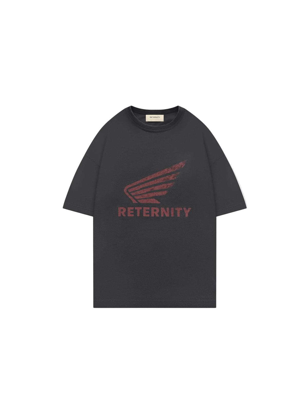 Camiseta Reternity Aéro negro lavado con el gráfico del ala y RETERNITY en rojo en el pecho, vista frontal