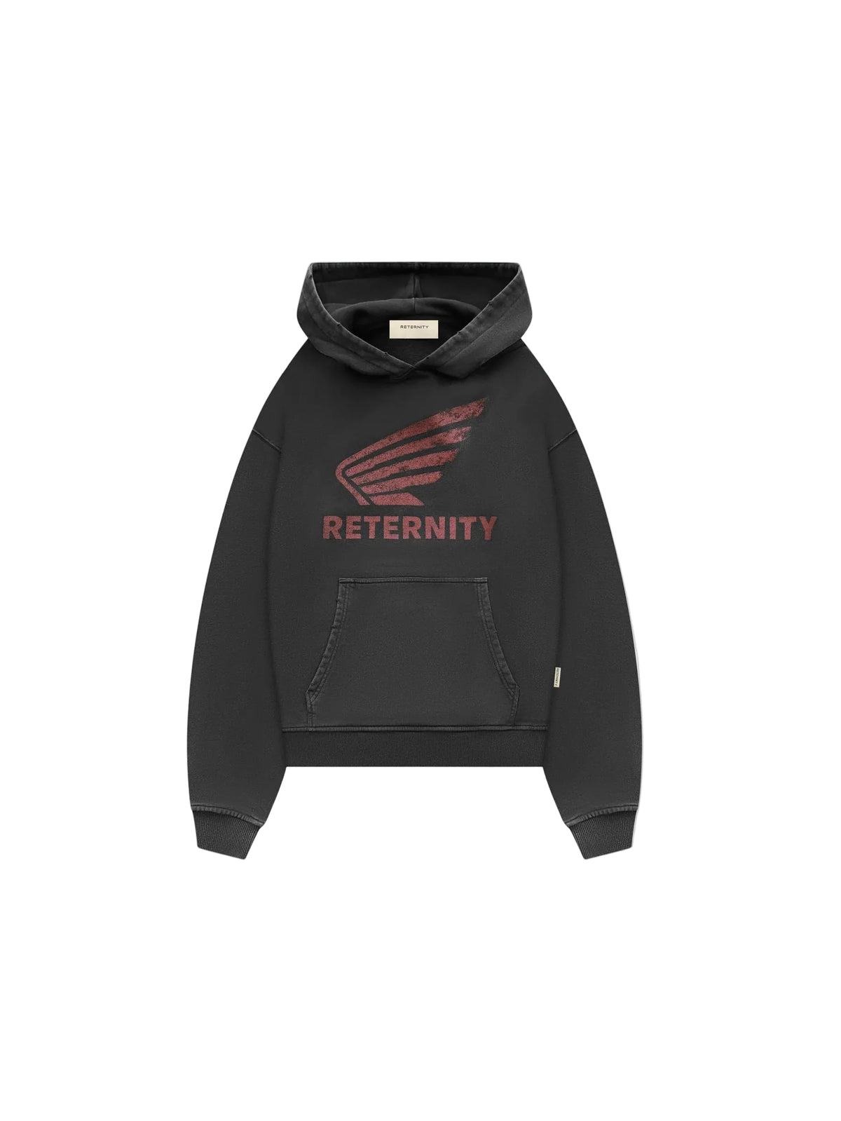 Sudadera con capucha Reternity Aéro negro lavado con el ala y RETERNITY en rojo en el pecho, bolsillo canguro, vista frontal