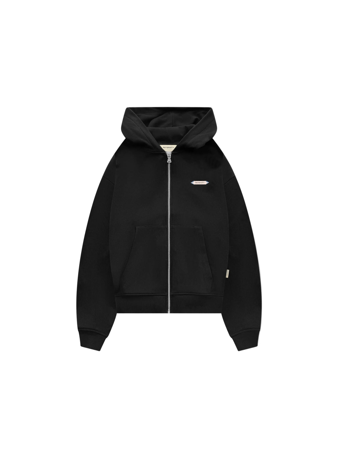 Sudadera con capucha y cremallera Reternity L'Atelier Line Zip negra con pequeña etiqueta Reternity en el pecho, vista frontal