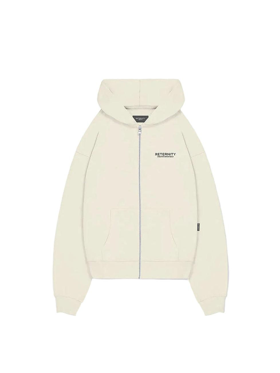 Sudadera con capucha y cremallera RETERNITY CREATIVE DEPARTMENT color crema, algodón premium y detalles puffprint