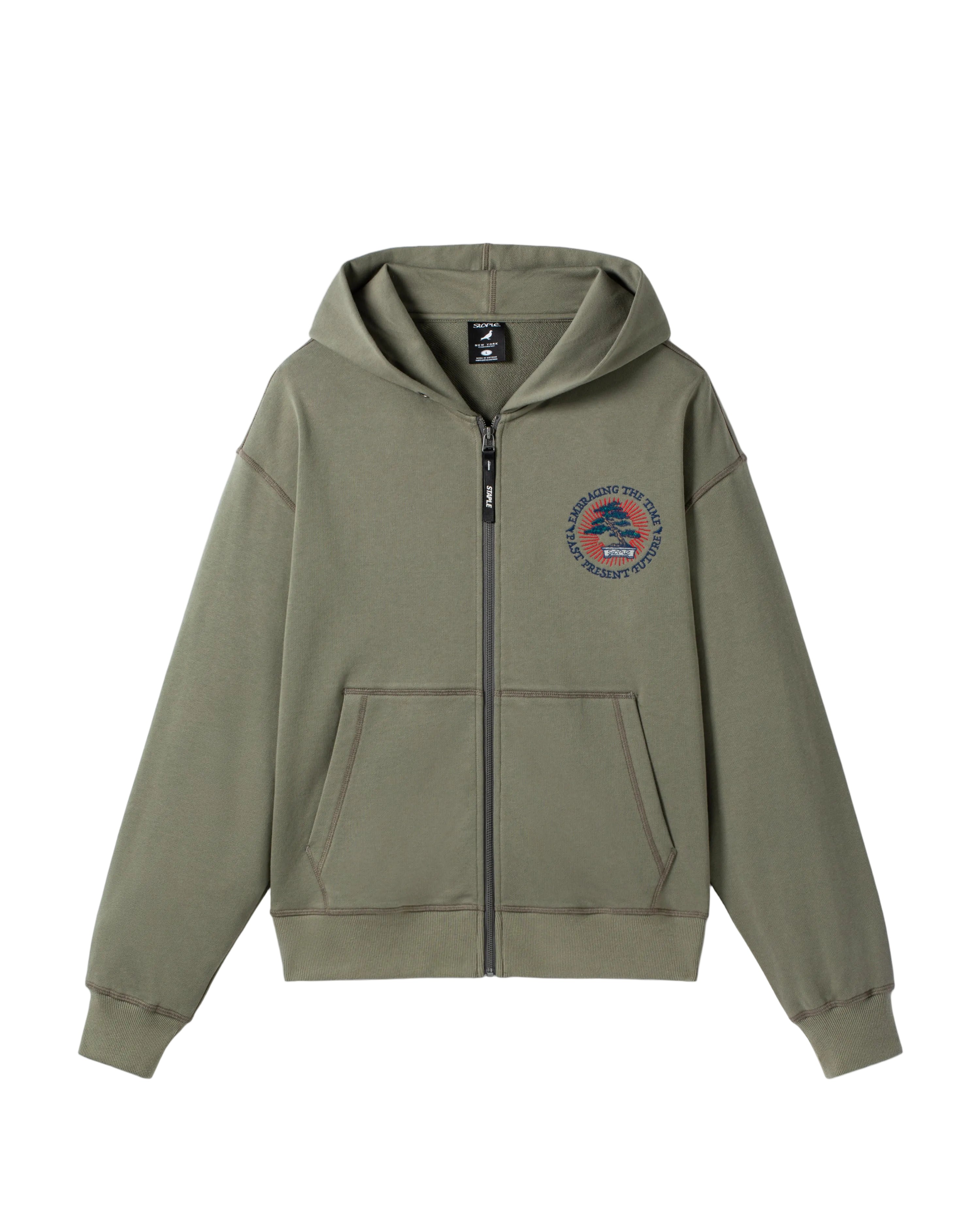 sudadera STAPLE Bonsai Zip Up dark olive 430 gsm cremallera capucha bordado pecho