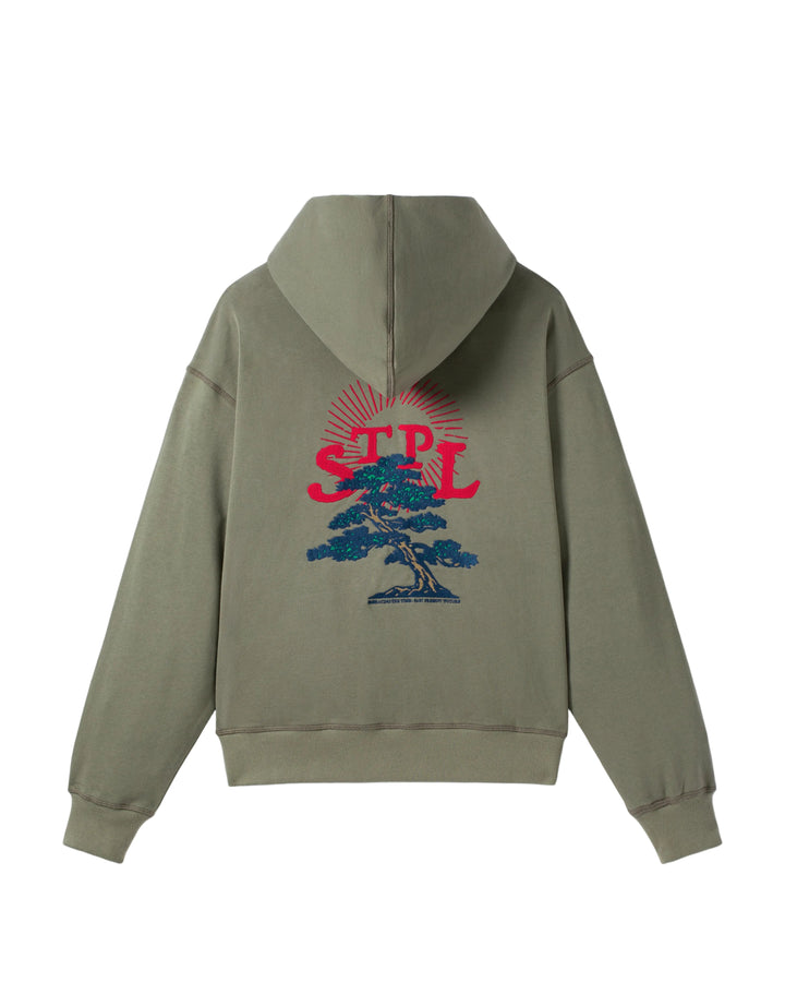 sudadera STAPLE Bonsai Zip Up 430 gsm bordado espalda capucha dark olive