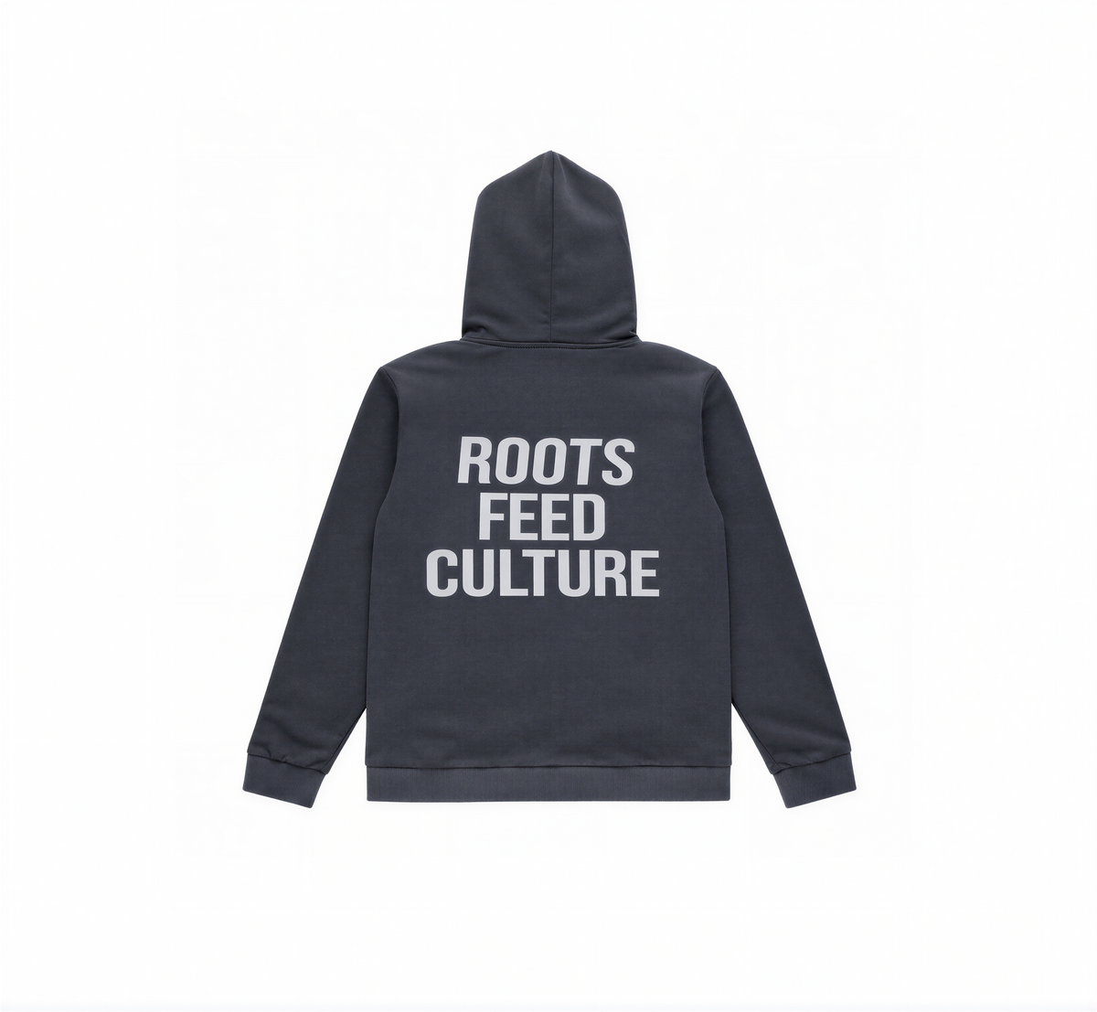 Sudadera gris Aluxe Roots Feed Culture vista trasera diseño minimalista