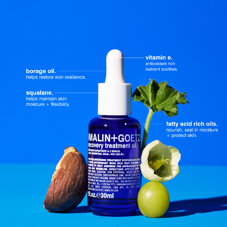 MALIN+GOETZ Recovery Treatment Oil detalle packaging aceite botánico premium skincare