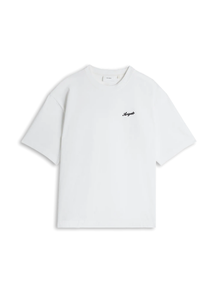 Camiseta Axel Arigato Honor blanca oversized con bordado Arigato en el pecho, vista frontal