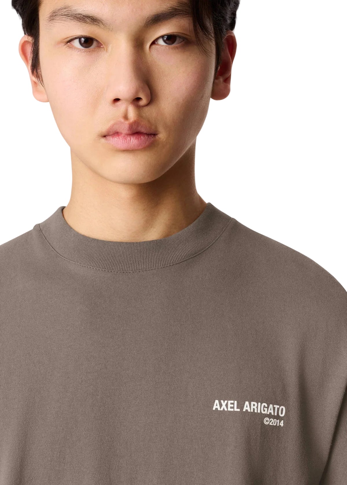 Detalle del print Axel Arigato en el pecho de la camiseta Legacy marrón