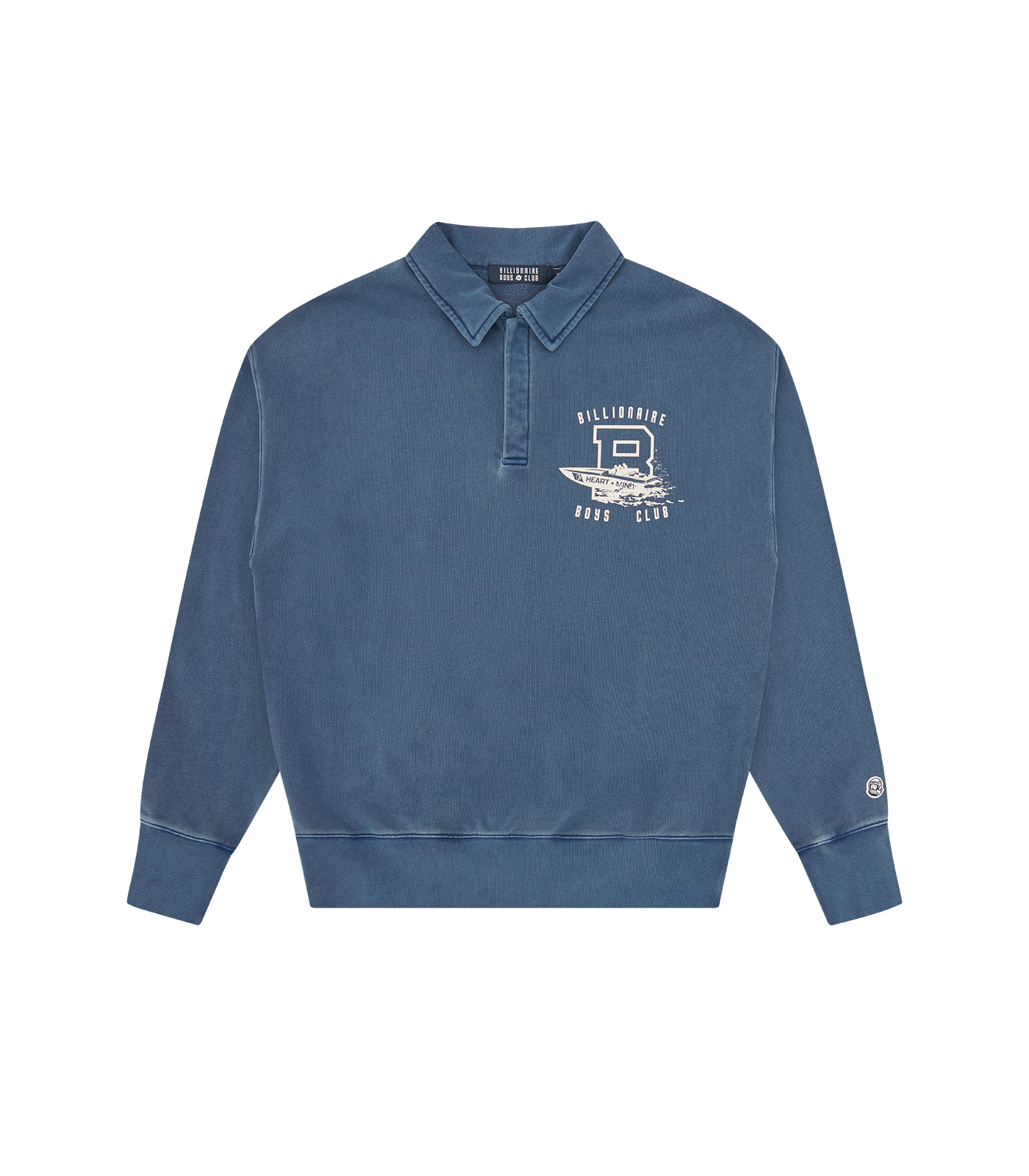 sudadera Boat Club Washed Quarter Snap Navy de Billionaire Boys Club Spring 26'' acabado whased vintage único. Destaca el cuello con botones, el detalle Boat en el pecho y el icónico Arch Logo blanco en la parte trasera.