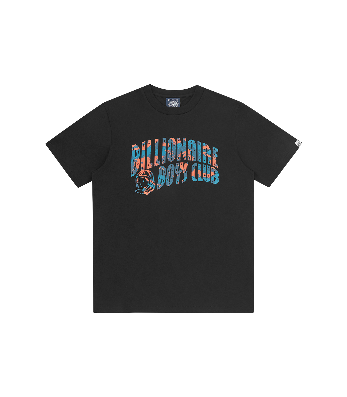 Camiseta Negra Billionaire Boys Club con el logotipo Arch impreso en camuflaje y acabado de serigrafía vintage.