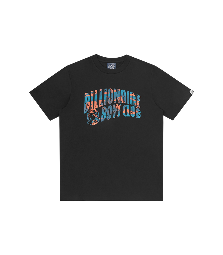 Camiseta Negra Billionaire Boys Club con el logotipo Arch impreso en camuflaje y acabado de serigrafía vintage.