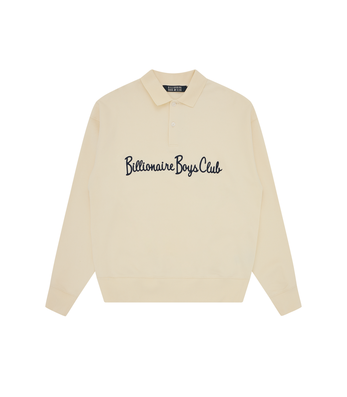 Sudadera Billionaire Boys Club Signature Collared color crema con cuello camisero y Billionaire Boys Club en script en el pecho, vista frontal