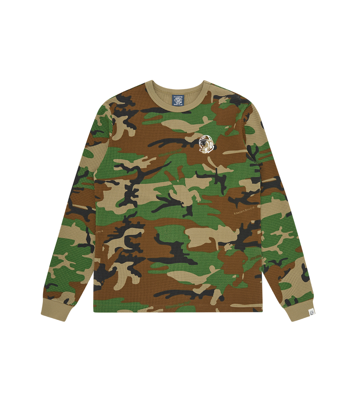 Camiseta de manga larga Billionaire Boys Club en camuflaje militar con emblema del astronauta bordado en el pecho, tejido waffle, vista frontal