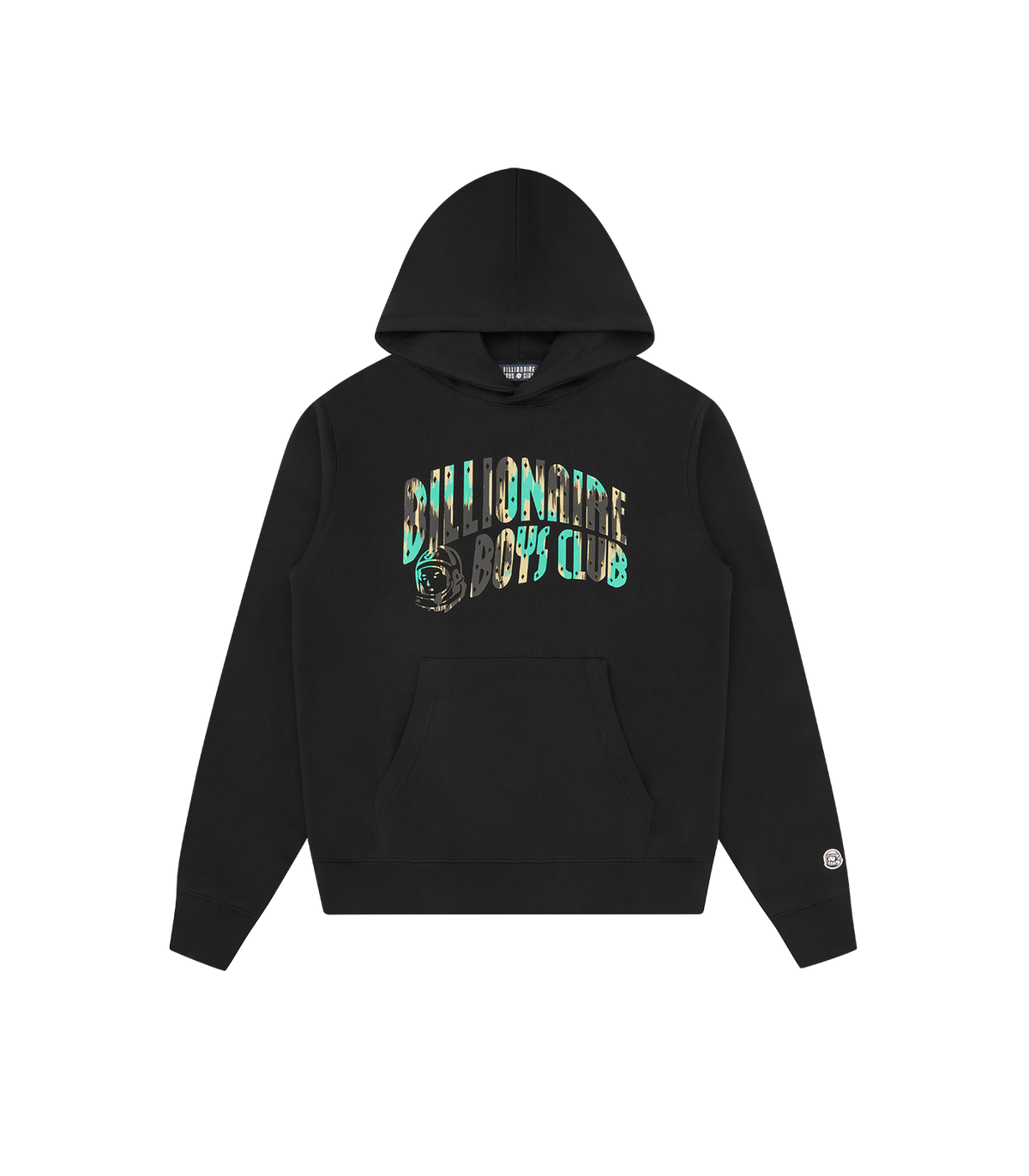 Sudadera con capucha Billionaire Boys Club negra con logo BILLIONAIRE BOYS CLUB en tonos verdes en el pecho, bolsillo canguro, vista frontal