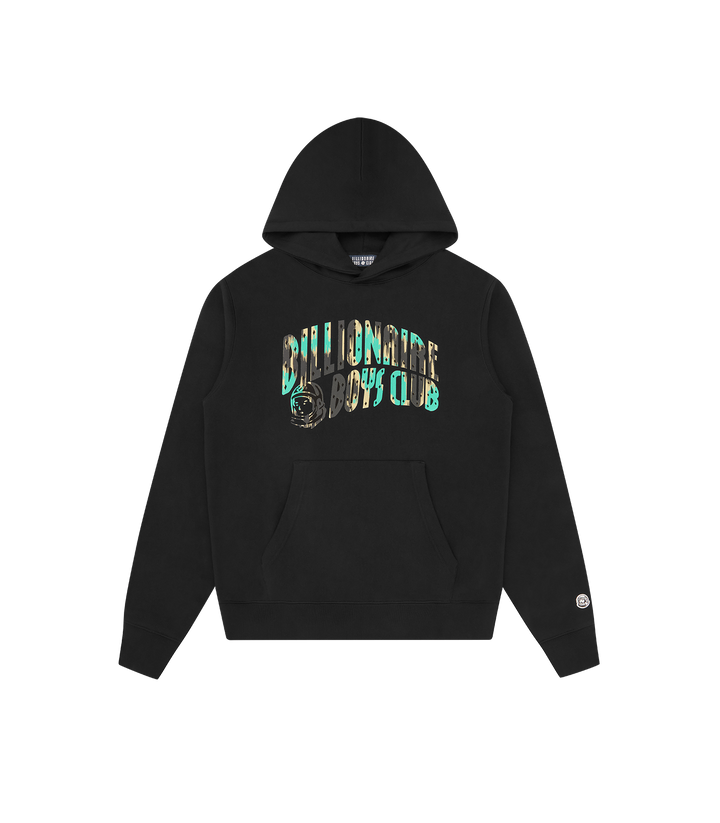 Sudadera con capucha Billionaire Boys Club negra con logo BILLIONAIRE BOYS CLUB en tonos verdes en el pecho, bolsillo canguro, vista frontal