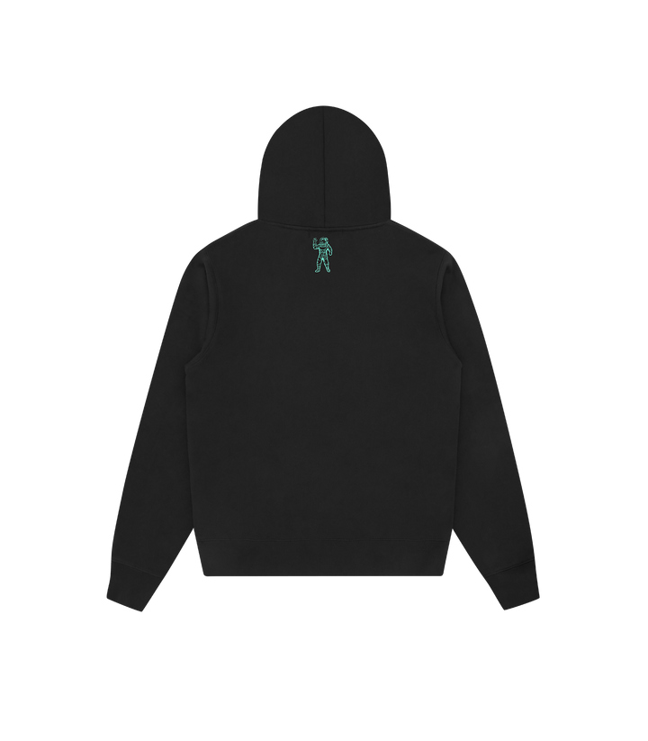 Espalda de la sudadera con capucha Billionaire Boys Club negra con pequeño logo en la nuca, vista trasera