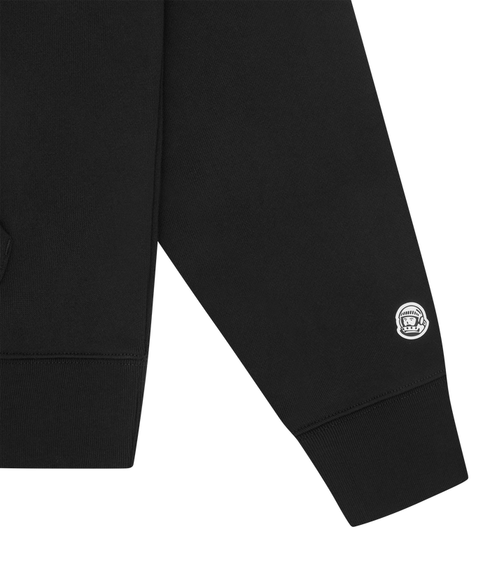 Detalle del puño acanalado y el pequeño logo en la manga de la sudadera Billionaire Boys Club negra