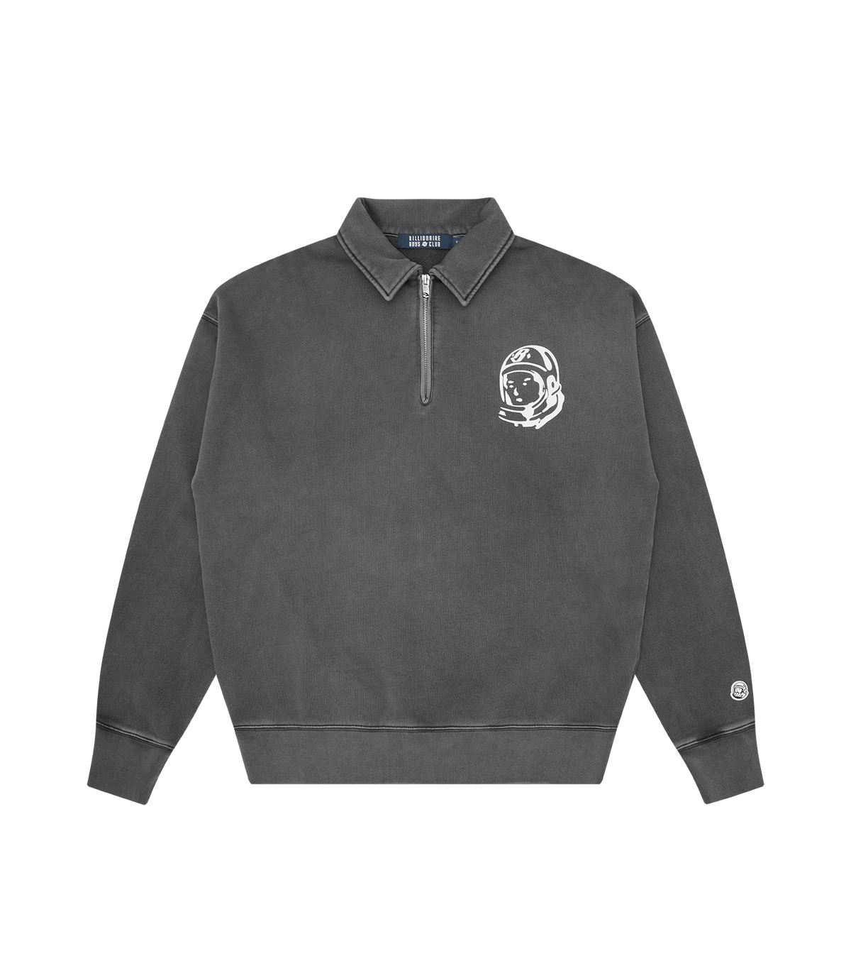 Sudadera Billionaire Boys Club gris con media cremallera, cuello polo y emblema del astronauta bordado en el pecho, vista frontal