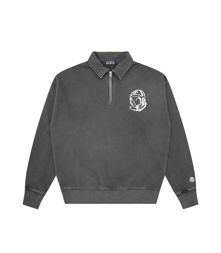 Sudadera Billionaire Boys Club gris con media cremallera, cuello polo y emblema del astronauta bordado en el pecho, vista frontal
