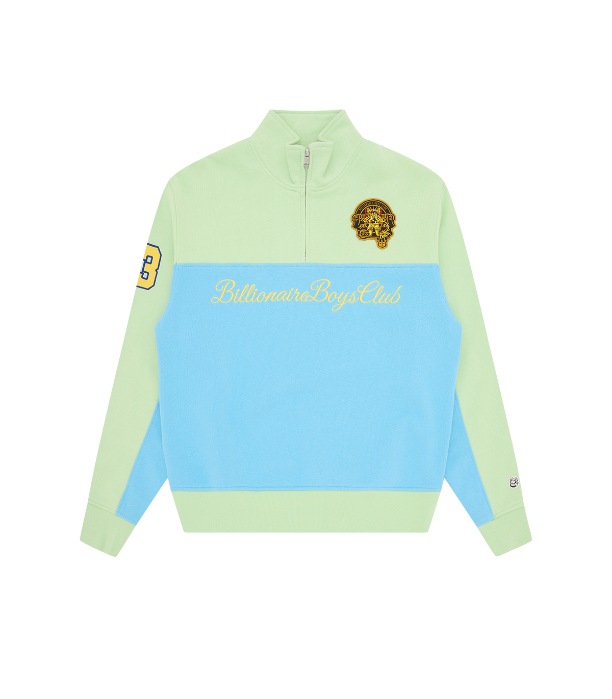 Sudadera Billionaire Boys Club Script Quarter Zip bicolor verde menta y azul con Billionaire Boys Club en script dorado en el pecho y parche del astronauta, media cremallera, vista frontal