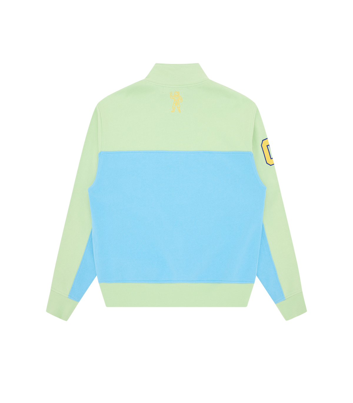 Espalda de la sudadera Billionaire Boys Club Script Quarter Zip bicolor verde menta y azul con cuello alto, vista trasera