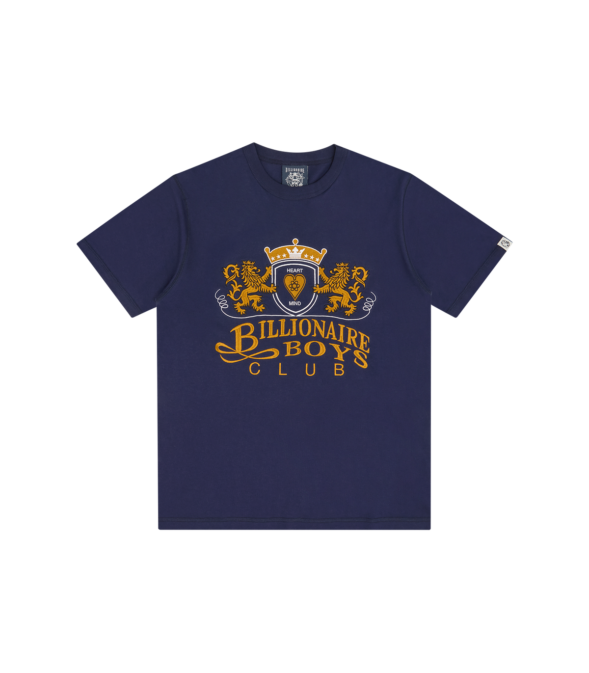 Camiseta Billionaire Boys Club azul marino con escudo heráldico de leones y BILLIONAIRE BOYS CLUB en dorado en el pecho, vista frontal