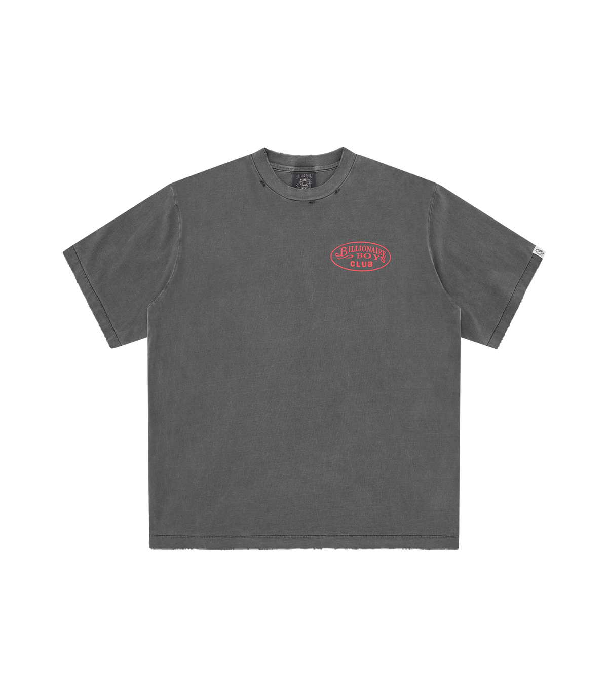 Camiseta Billionaire Boys Club gris con pequeño logo oval BILLIONAIRE BOYS CLUB en rojo en el pecho, vista frontal