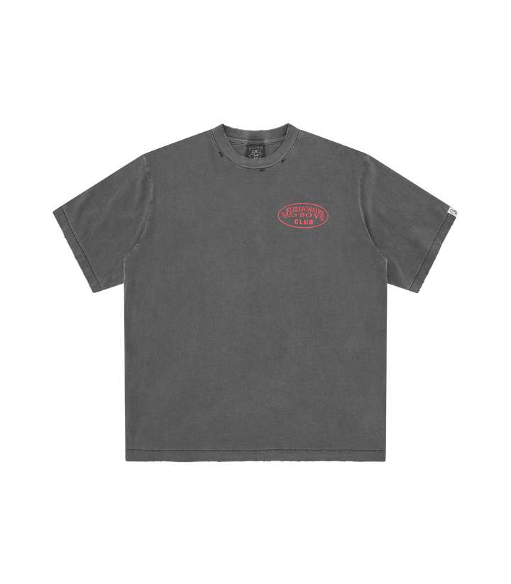 Camiseta Billionaire Boys Club gris con pequeño logo oval BILLIONAIRE BOYS CLUB en rojo en el pecho, vista frontal