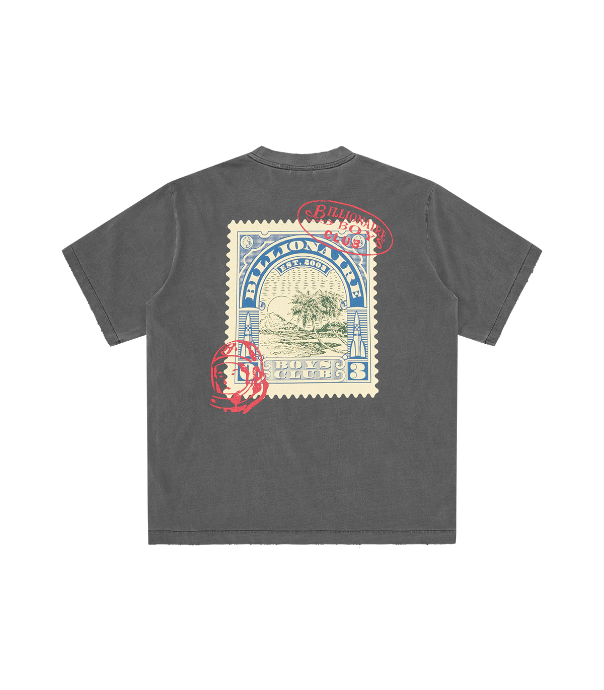 Espalda de la camiseta Billionaire Boys Club gris con gráfico de sello postal en el centro, vista trasera