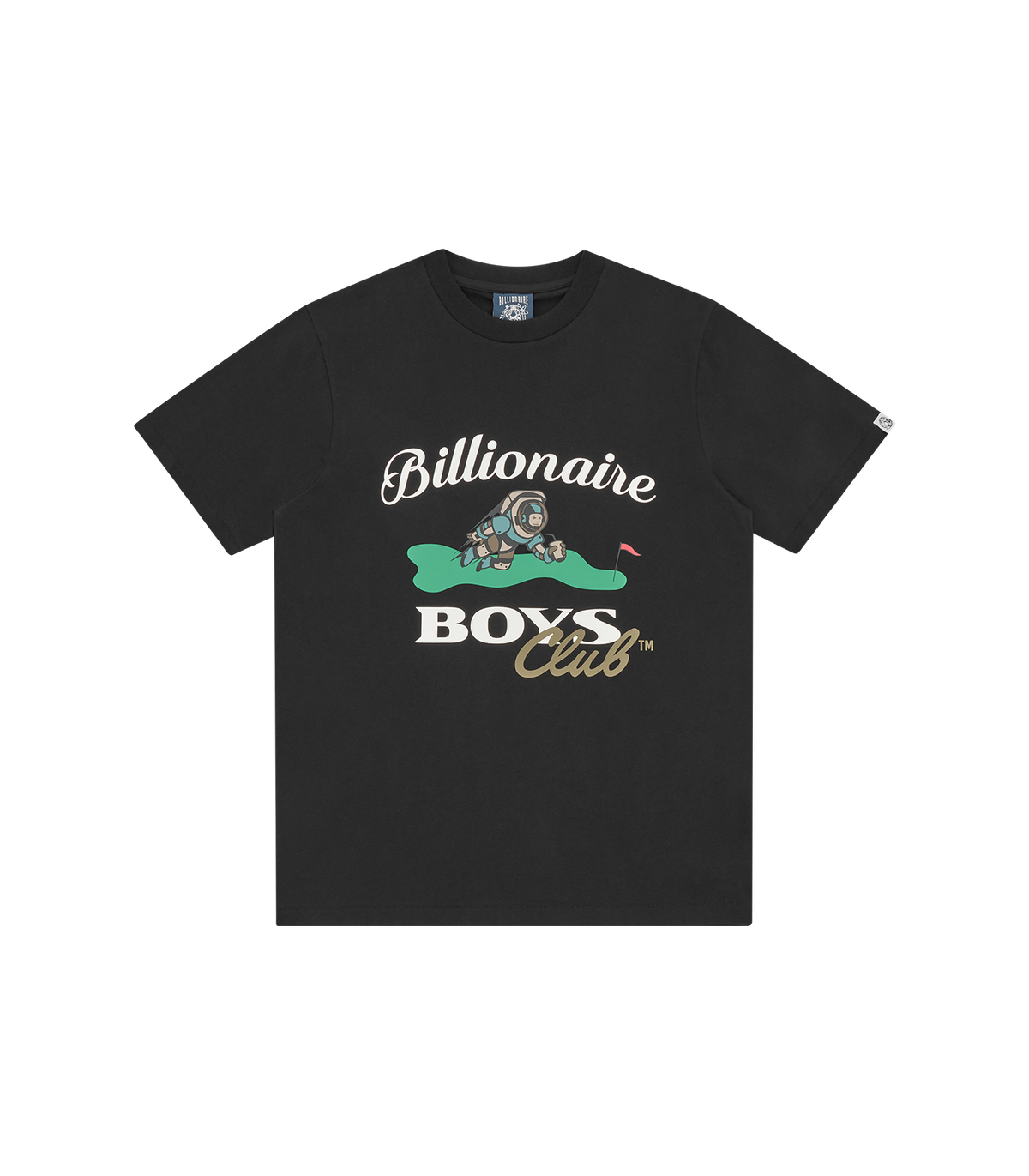Camiseta Billionaire Boys Club Astro Golf Club negra con el astronauta jugando al golf y Billionaire Boys Club en el pecho, vista frontal