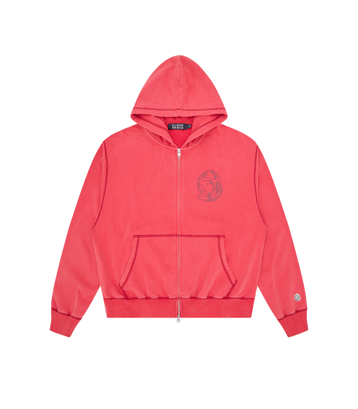Sudadera con capucha y cremallera Billionaire Boys Club roja con emblema del astronauta tono sobre tono en el pecho, bolsillo canguro, vista frontal