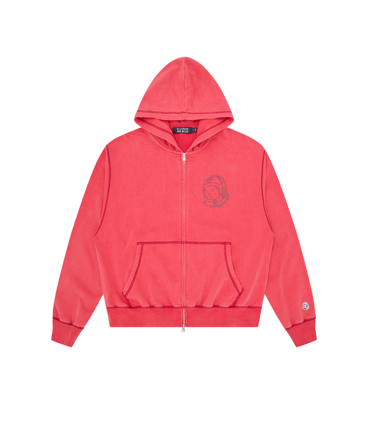 Sudadera con capucha y cremallera Billionaire Boys Club roja con emblema del astronauta tono sobre tono en el pecho, bolsillo canguro, vista frontal
