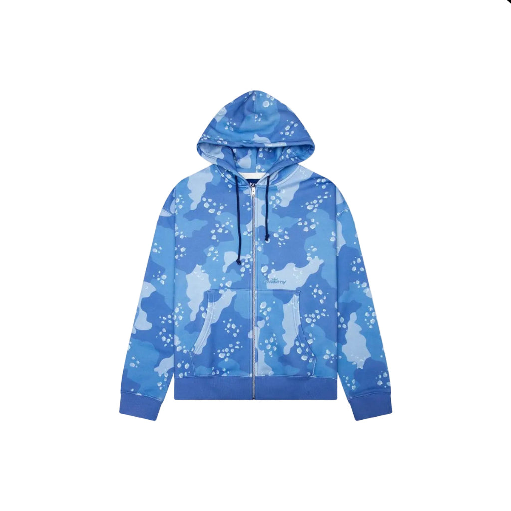 Sudadera Awake NY Camo Crown Logo Zip Hoodie en azul camuflaje con cremallera y bordado Awake NY en el pecho