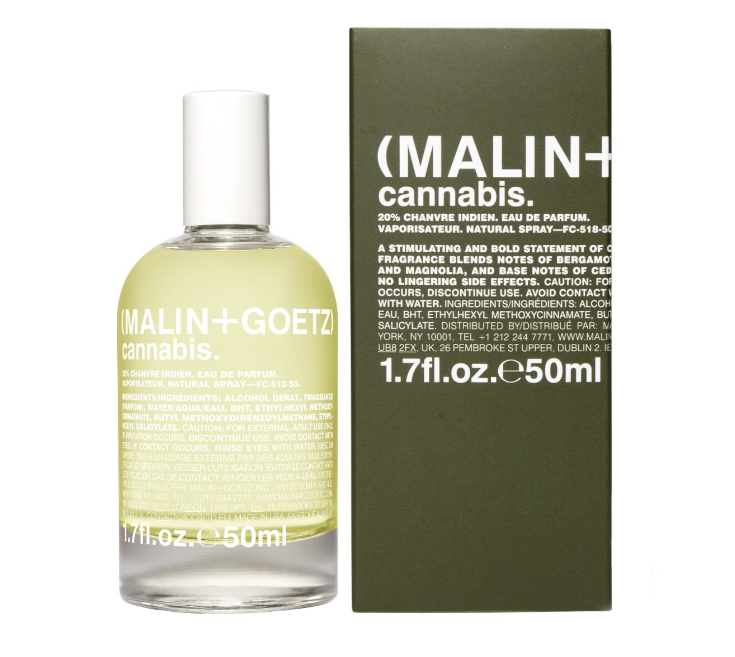 MALIN+GOETZ Cannabis Eau de Parfum detalle frasco y el packaging verde
