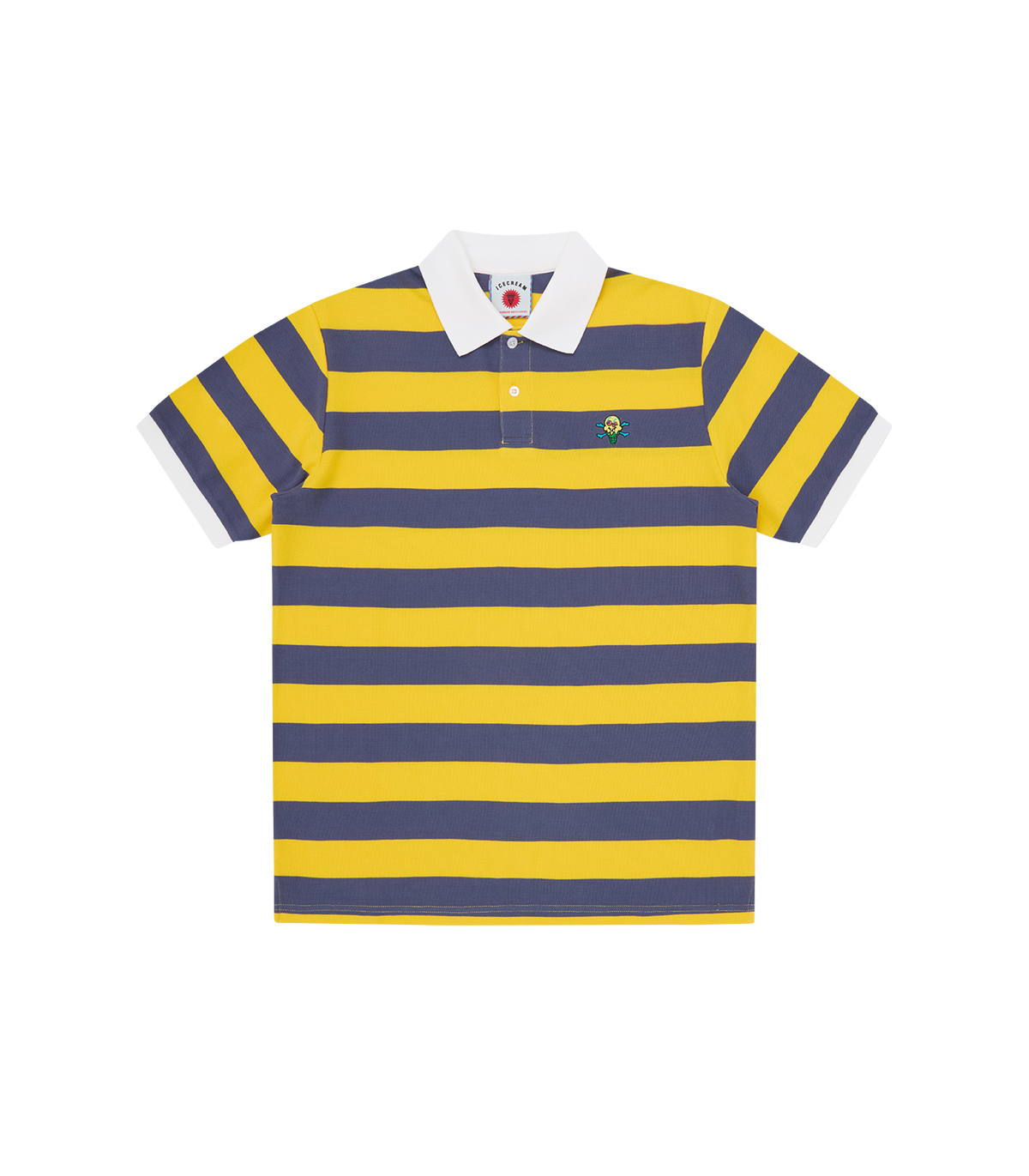 Polo ICECREAM Cones & Bones a rayas azul y amarillo con logo bordado en el pecho, vista frontal
