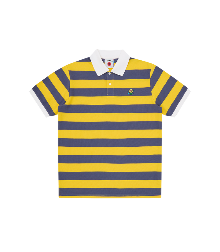 Polo ICECREAM Cones & Bones a rayas azul y amarillo con logo bordado en el pecho, vista frontal