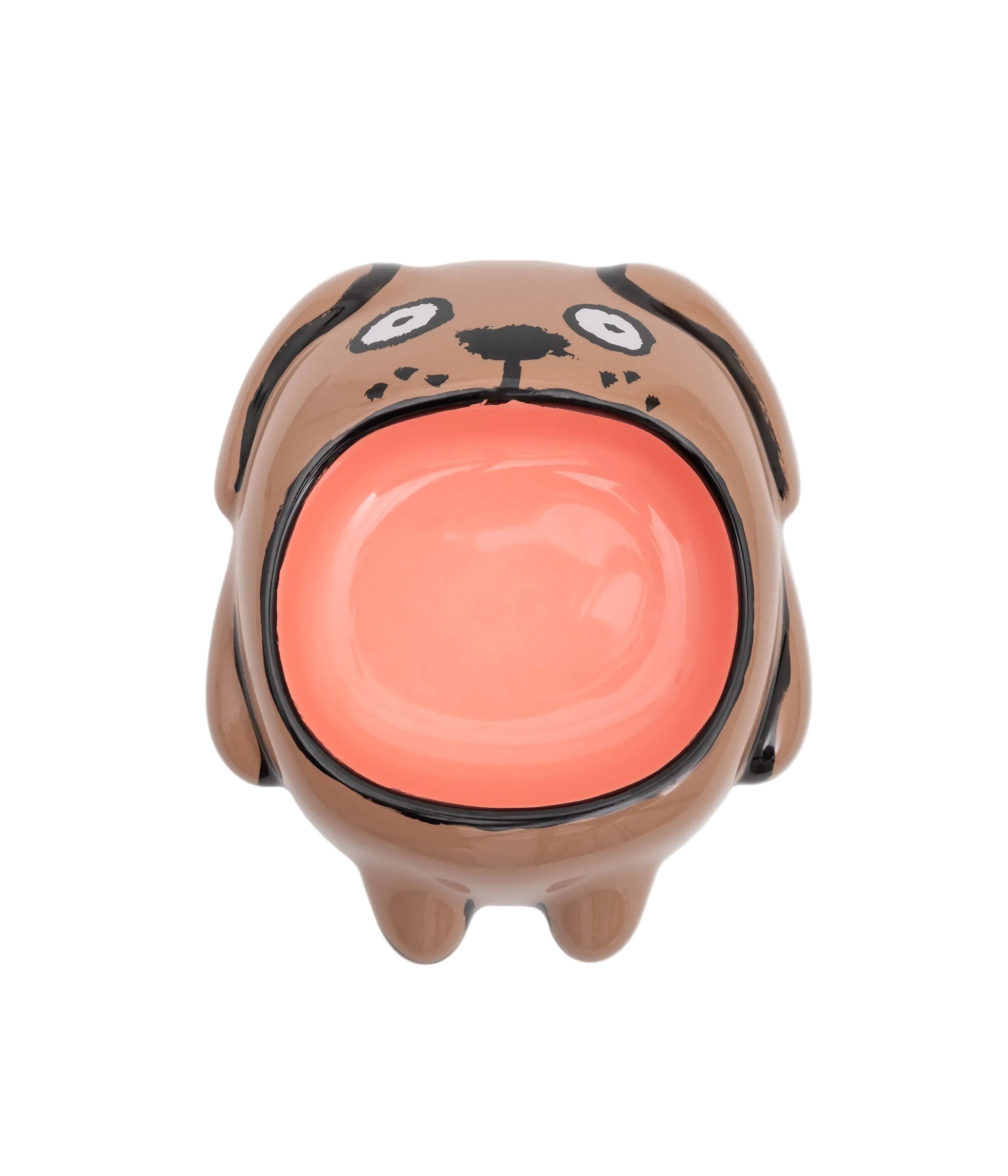 Comedero para perro de cerámica Jean Jullien x Home Studyo con forma de cara de perro marrón e interior rosa, vista frontal