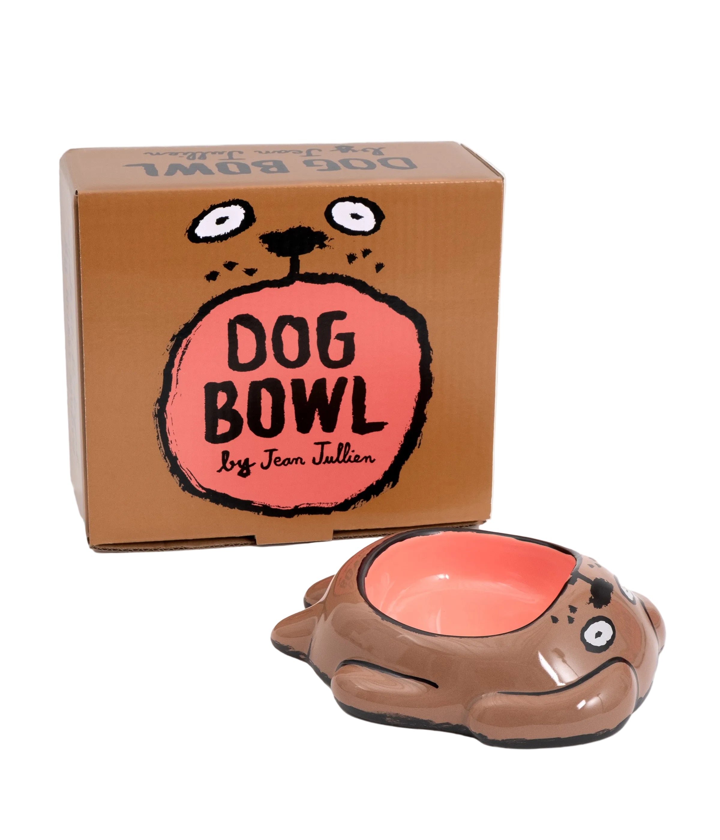 Caja del comedero Dog Bowl de Jean Jullien x Home Studyo junto a la pieza de cerámica marrón