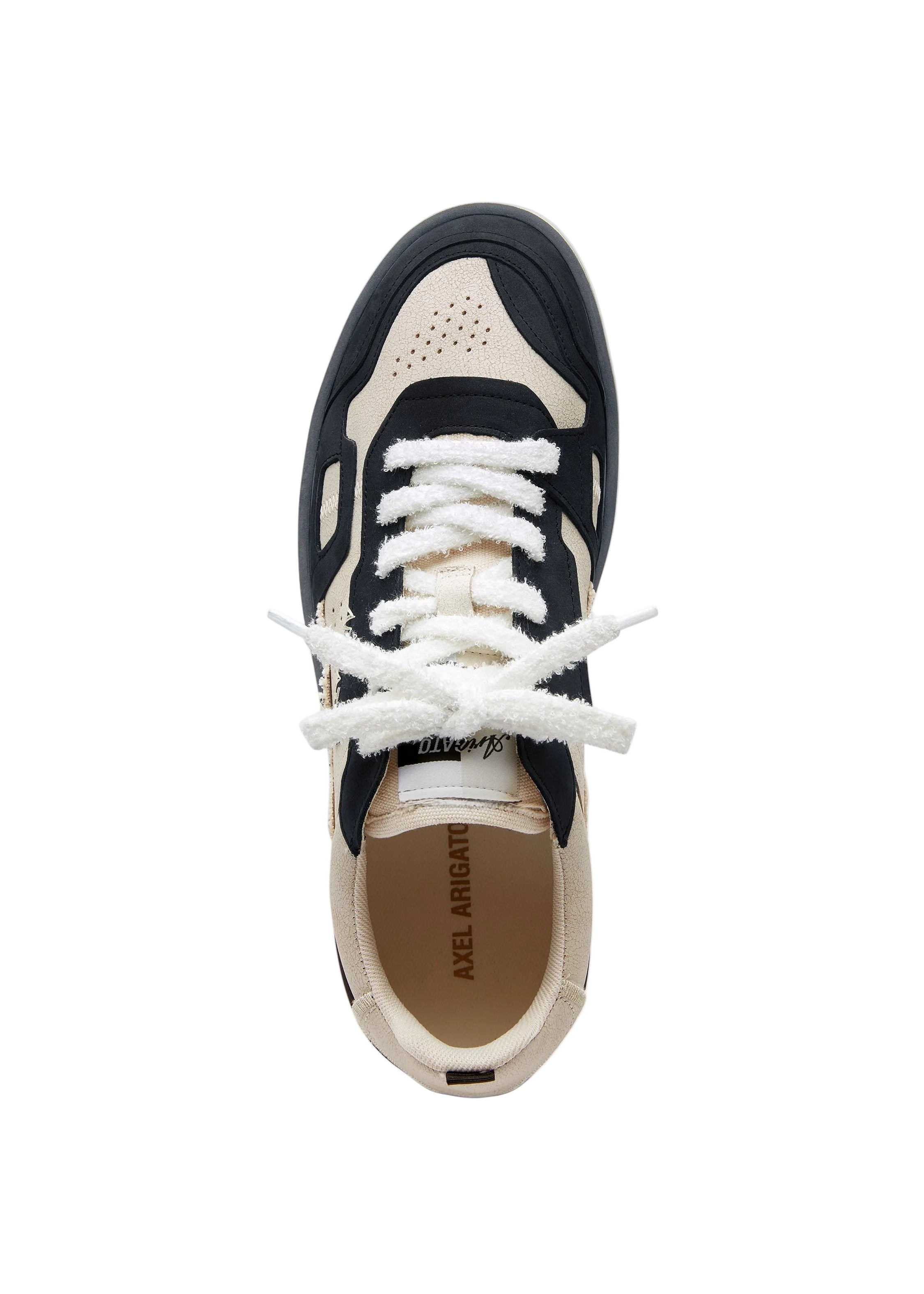 Axel Arigato Dice Patchwork Sneaker vista superior, en colores negro y crema fabricadas Portugal