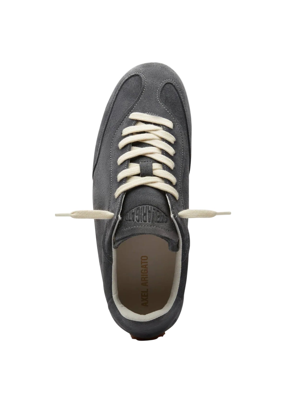 Vista cenital de la zapatilla Axel Arigato Daze Runner en ante gris oscuro con cordones planos