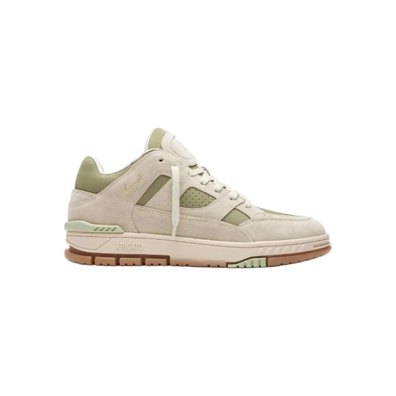 Zapatilla Axel Arigato Area Lo en ante beige y verde khaki con suela gum y cordones azules, vista de perfil