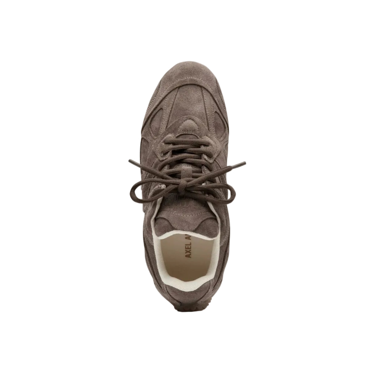 Zapatilla de ante marrón topo vista desde arriba, con cordones y detalle en la puntera