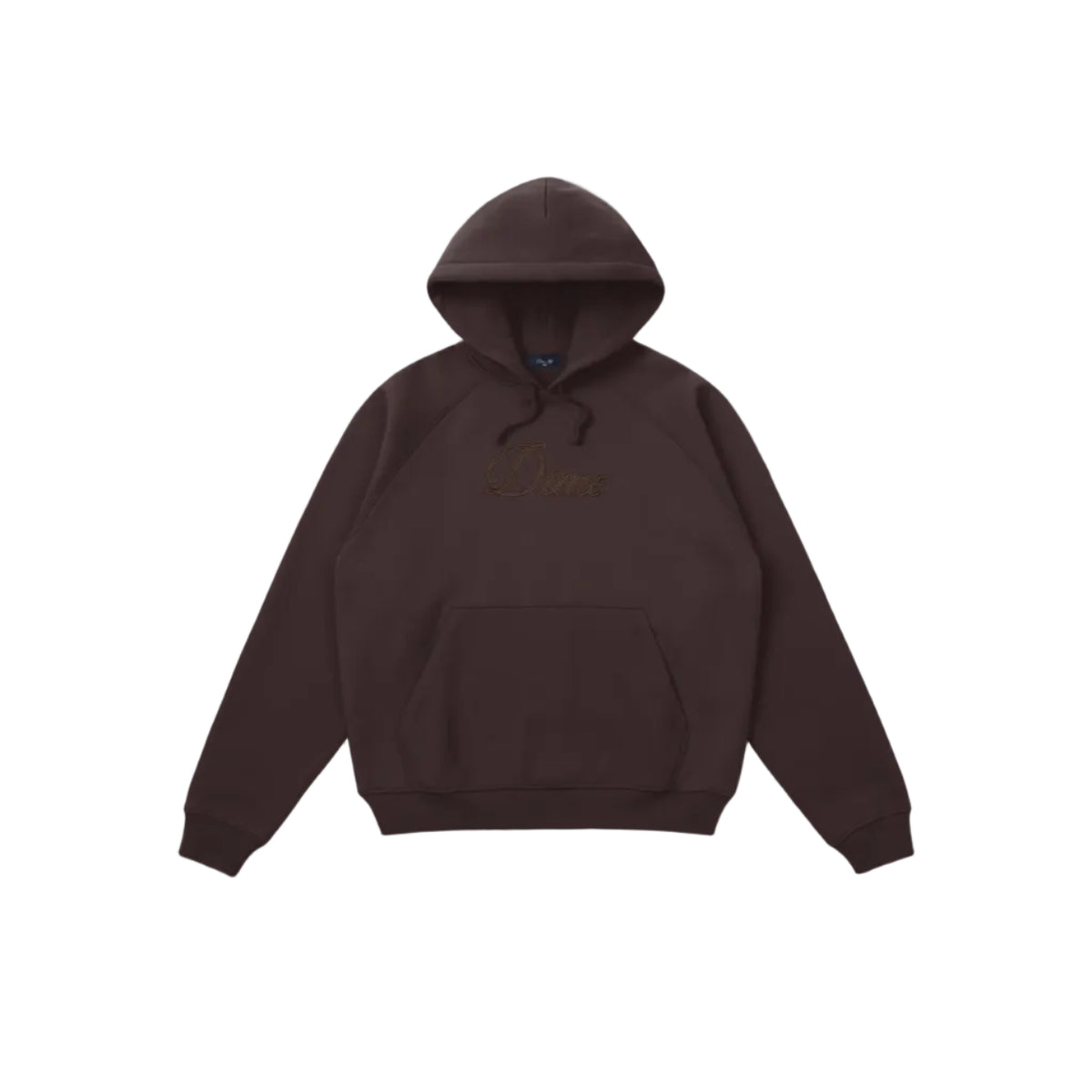 Sudadera con capucha Dime Cursive marrón oscuro con el logo Dime en cursiva bordado en el pecho, vista frontal