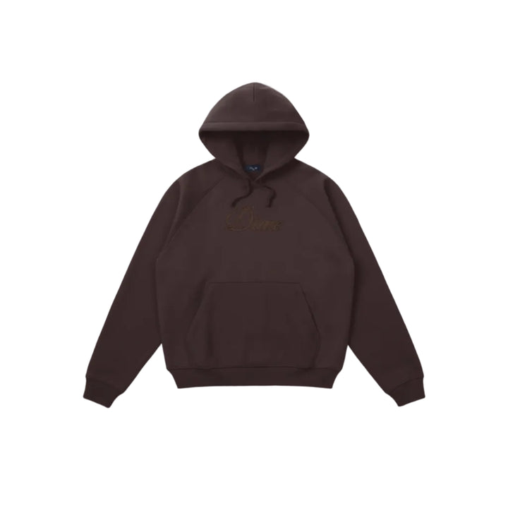 Sudadera con capucha Dime Cursive marrón oscuro con el logo Dime en cursiva bordado en el pecho, vista frontal