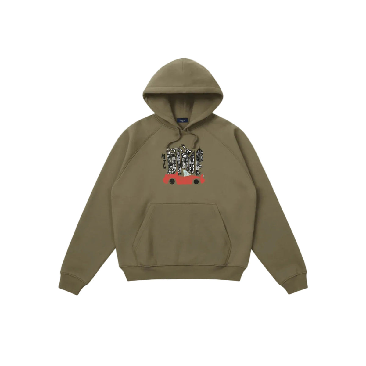 Sudadera con capucha Dime Ville verde hiedra con gráfico de coche rojo y edificios estampado en el pecho, vista frontal