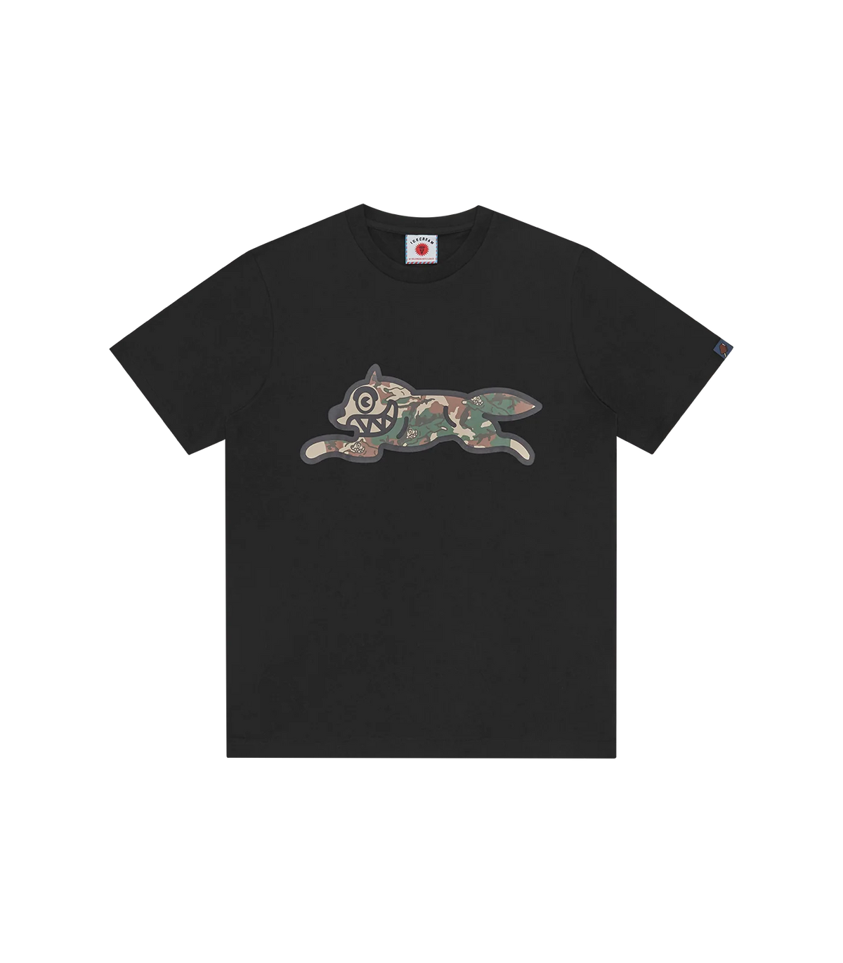 Camiseta ICECREAM negra con el Running Dog en estampado de camuflaje en el pecho, vista frontal