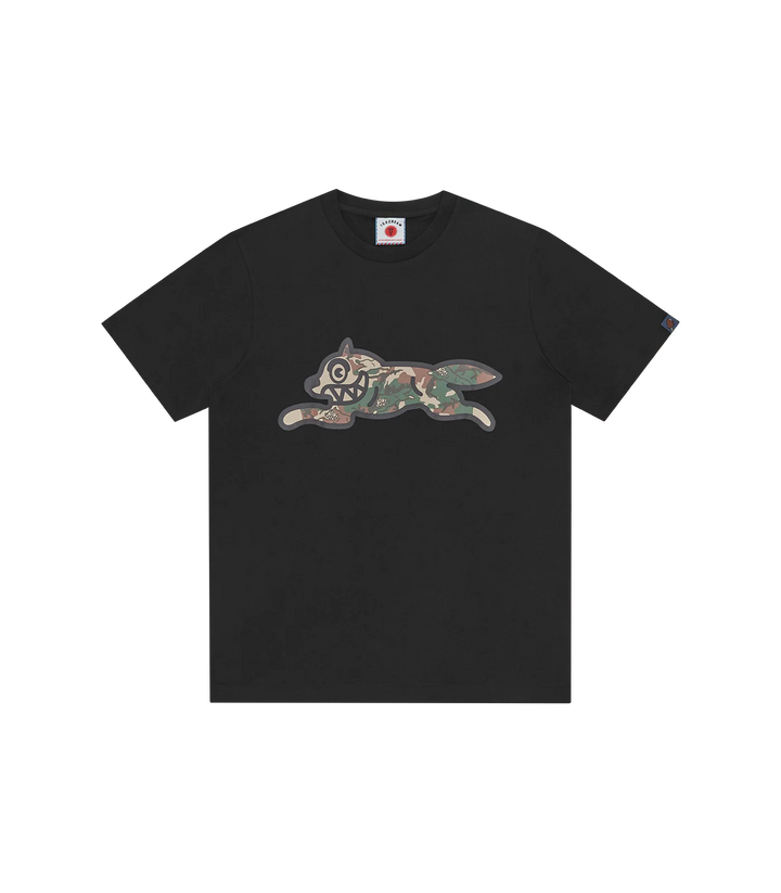 Camiseta ICECREAM negra con el Running Dog en estampado de camuflaje en el pecho, vista frontal