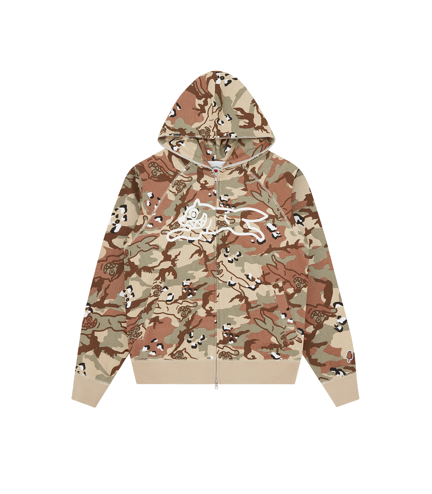 sudadera Choc Chip Running Dog Zip de camuflaje con un patrón integral de pepitas de chocolate. Con el icónico gráfico Running Dog en el pecho.