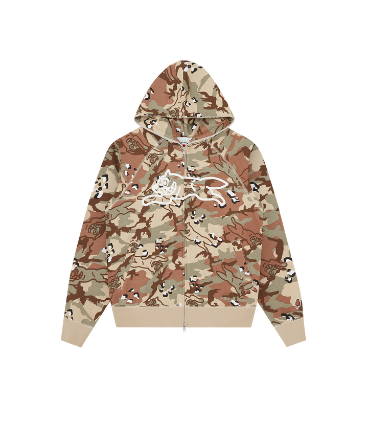 sudadera Choc Chip Running Dog Zip de camuflaje con un patrón integral de pepitas de chocolate. Con el icónico gráfico Running Dog en el pecho.