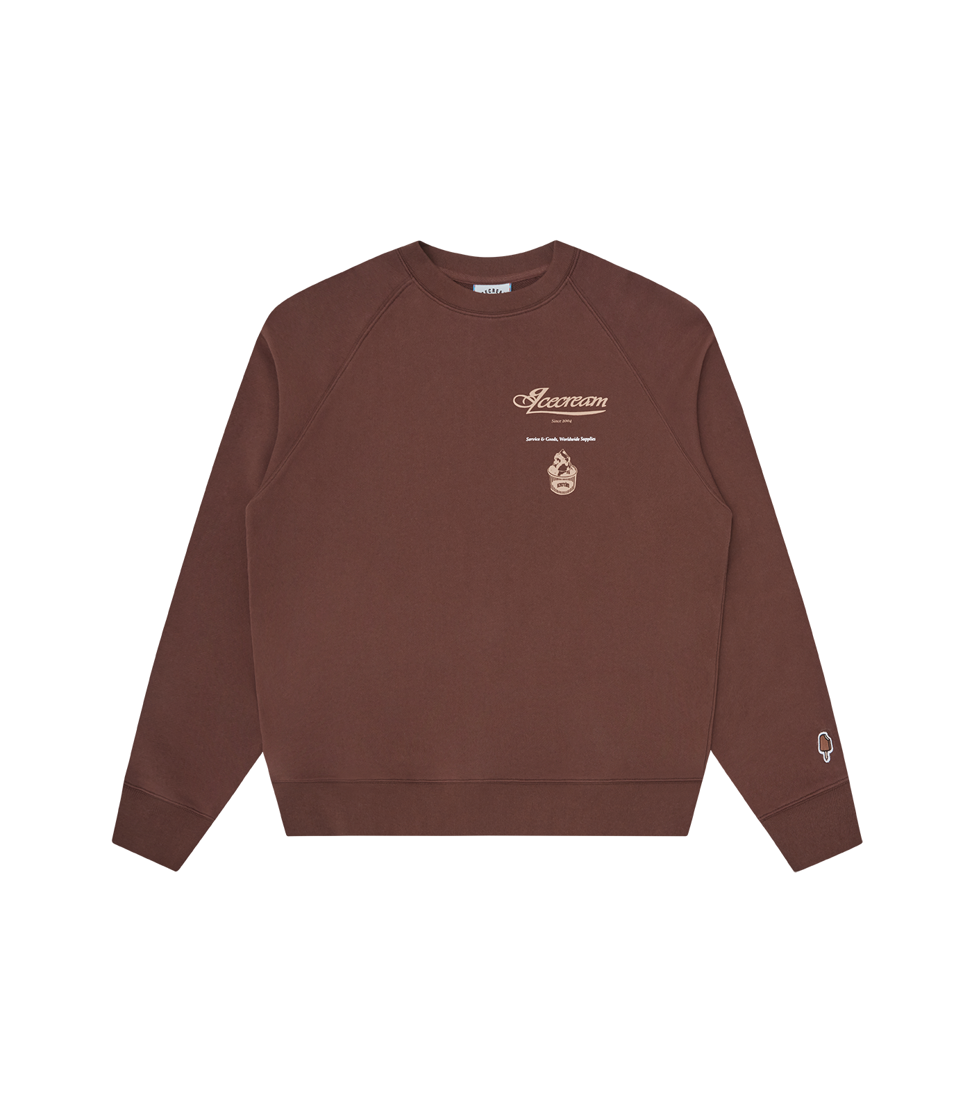 Sudadera Parlor Crewneck marrón de ICECREAM Spring 26' destaca por su estética retro y gráficos estacionales. Presenta serigrafia frontal.