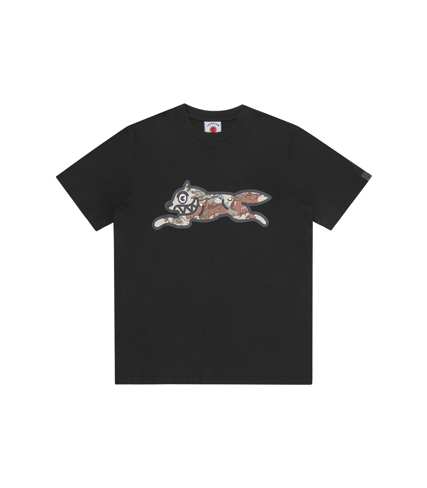 La camiseta negra Choc Chip Running Dog de ICECREAM Spring '26, destaca por el icónico Running Dog frontal, diseñado con un patrón de pepitas de chocolate y el sello de la firma en la espalda.